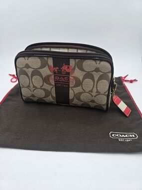 COACH Signature Canvas Clutch Bag in Brown with Red Accents - EUC